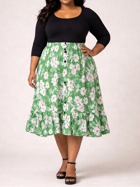 Pari Passu Floral Midi Skirt Green White Ruffle Hem Elastic Waist Size 20 NWOT